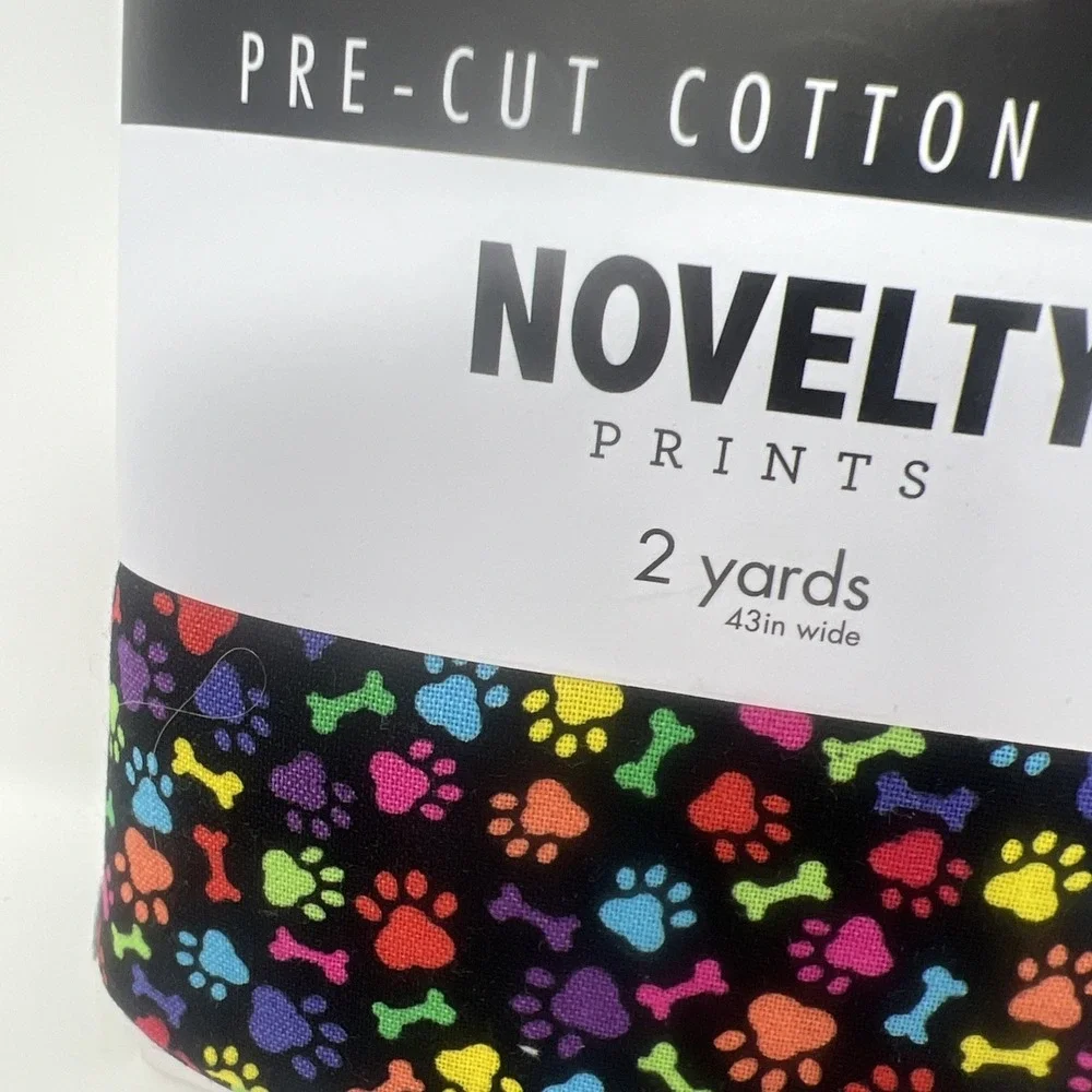 Pre Cut Cotton Fabric 2 yds - Animal PAW PRINTS & Bones on Black 43